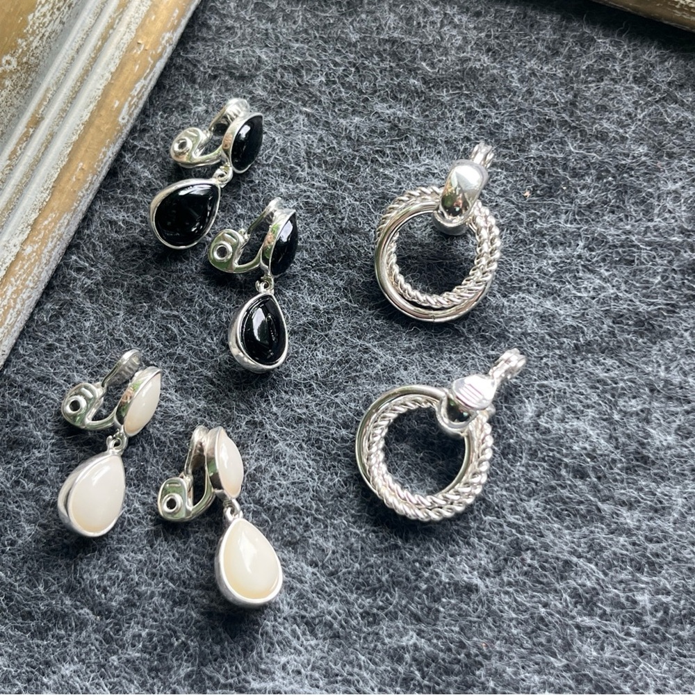 Elegant Silver and Black Earrings Set VINTAGE 80'S HMN CLIP ON EARRINGS- 3 Pairs